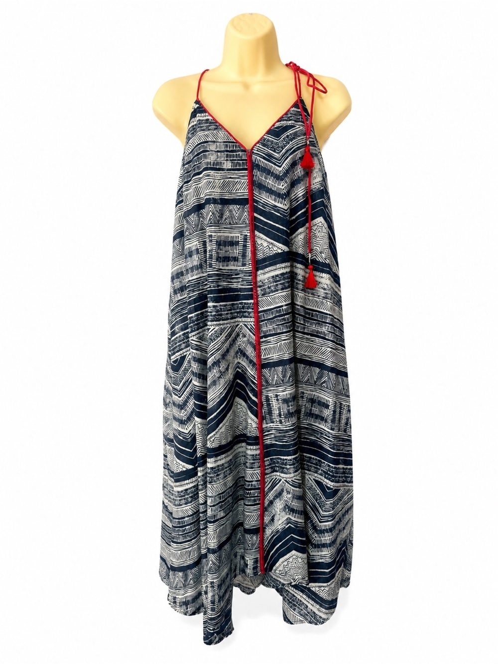Akemi + Kin Anthropologie Riviera Halter Dress Small Boho Tassel Midi asymmetric - Picture 3 of 15